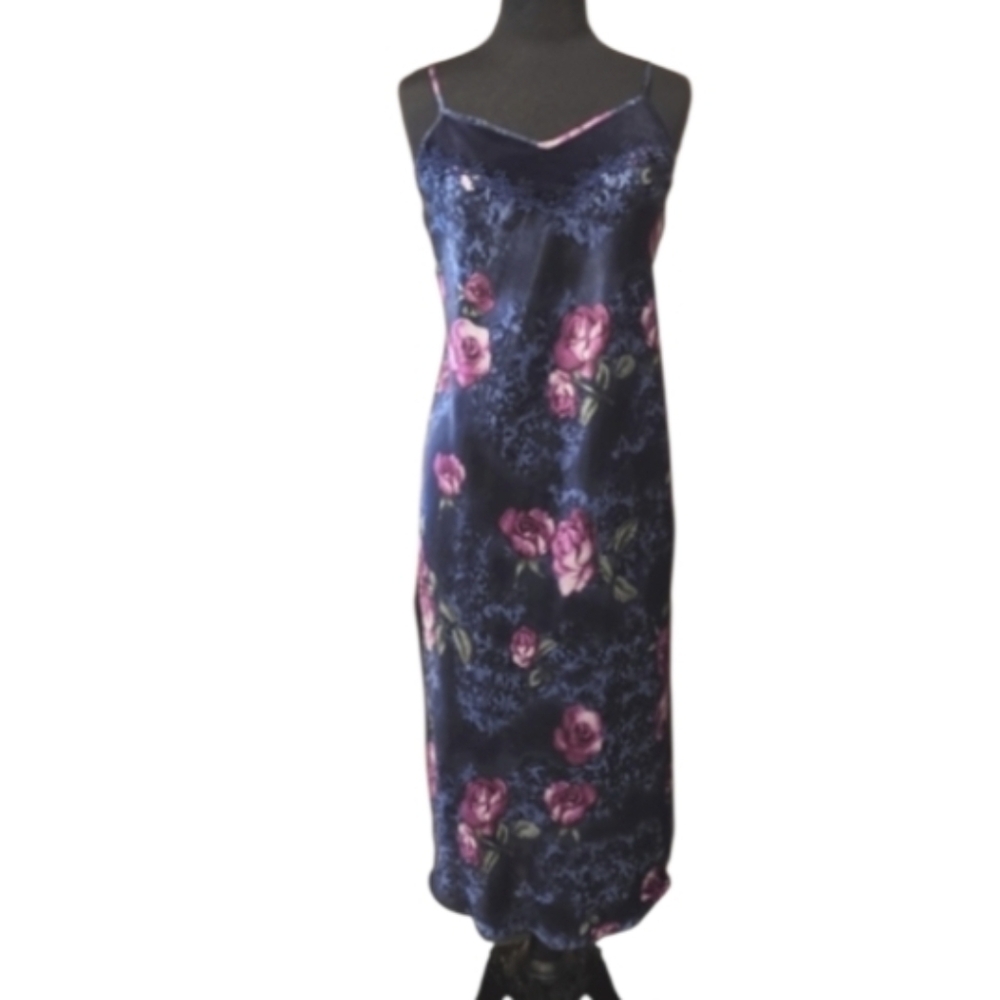 Vintage Whimsigoth Y2K Floral Satin Slip Dress Secret Treasures Blue & Pink - Picture 1 of 16
